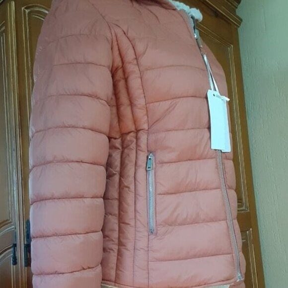 NEW ♡ Reversible Puffer Fleece Hoodie Jacket Cream Copper Small or XS - Picture 4 of 5